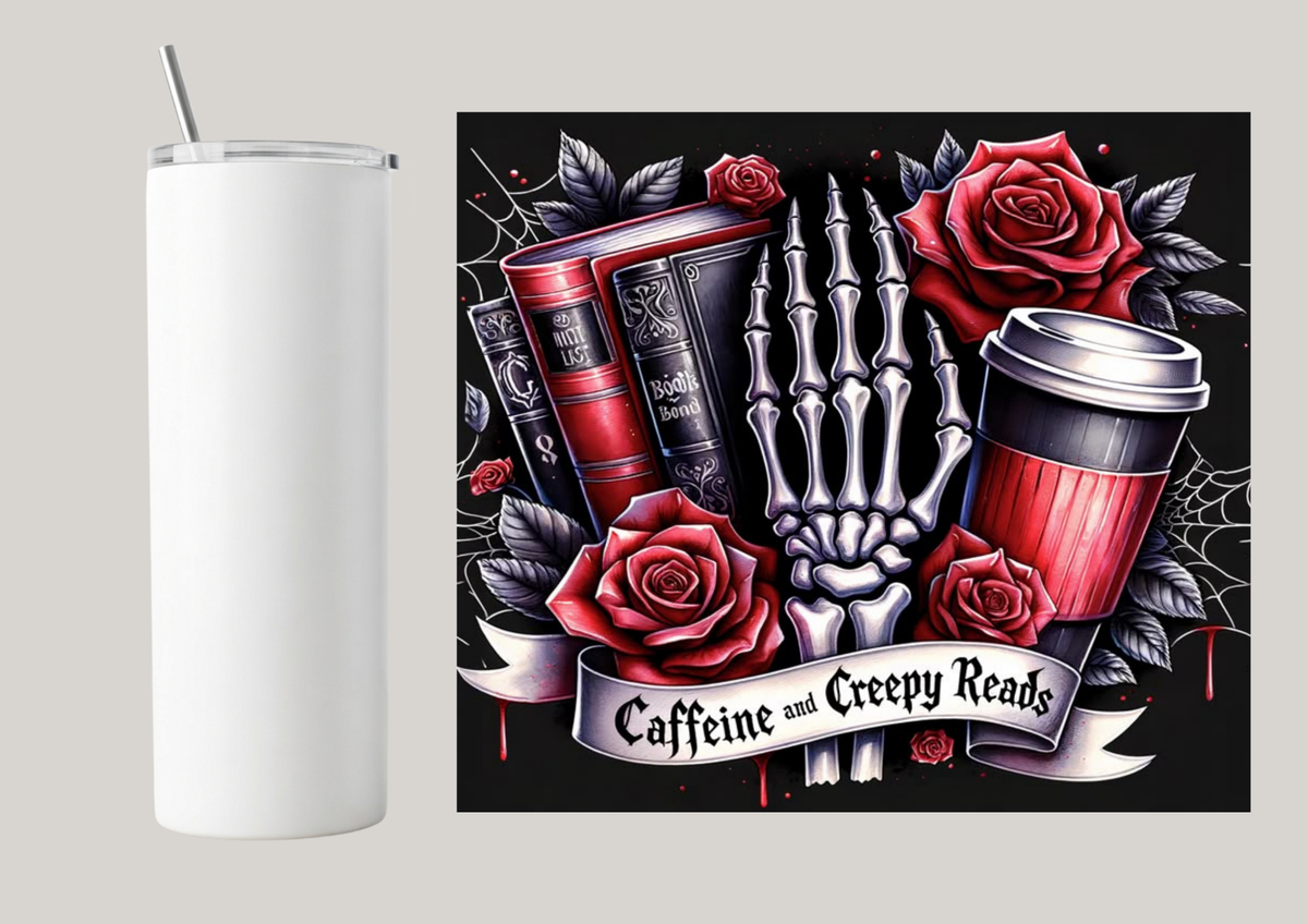 20oz Skinny Tumbler - Caffeine & Creepy Reading T095