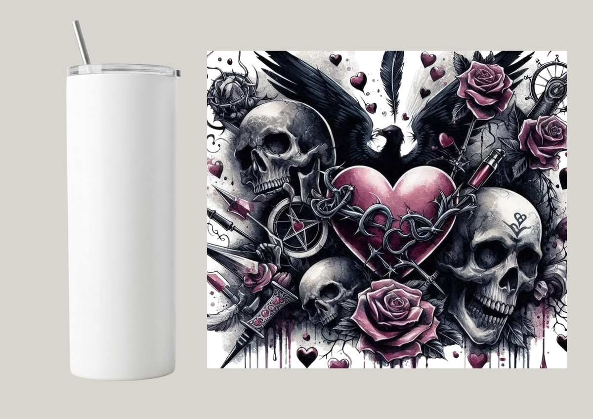 20oz Skinny Tumbler - Skulls With Heart T016