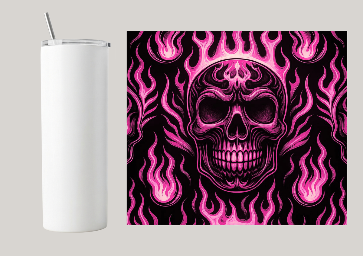 20oz Skinny Tumbler - Fire Skull Pink T167