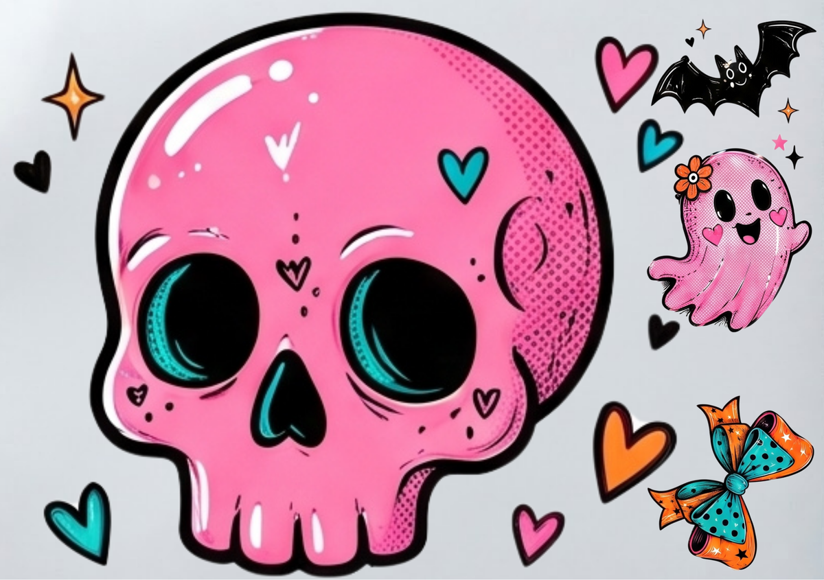 DIY Iron On Patch (DTF) - Pink Skull with Small Designs