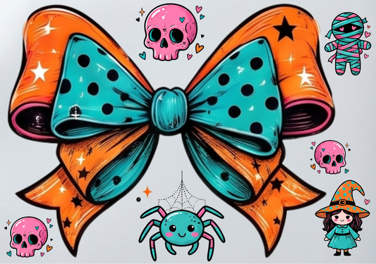 DIY Iron On Patch (DTF) - Orange & Turquoise Bow with Small Designs