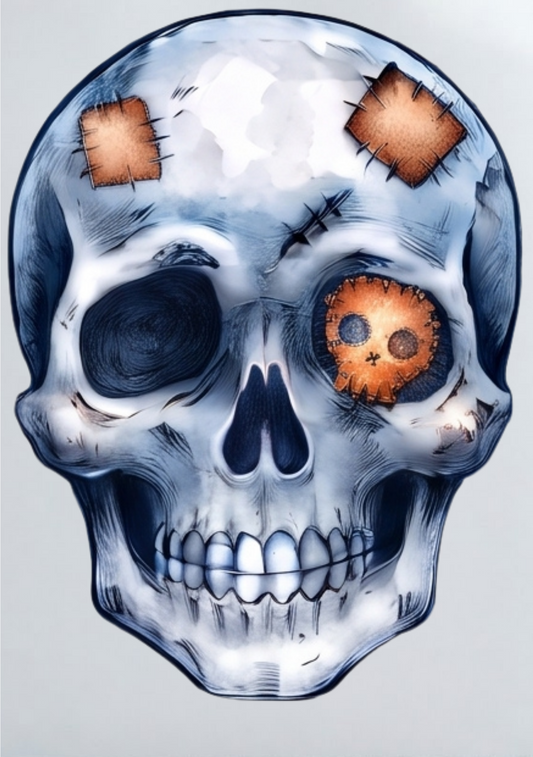DIY Iron On Patch (DTF) - Denim Skull with Orange Patches