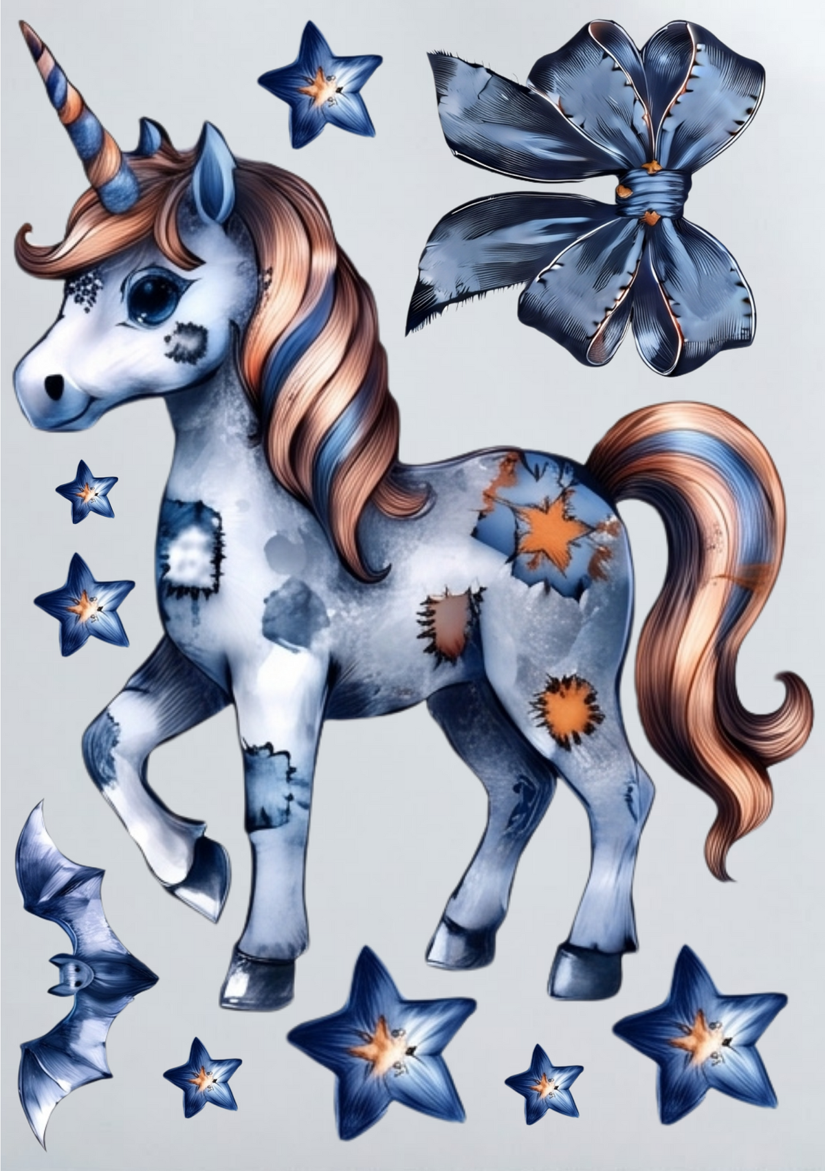 DIY Iron On Patch (DTF) - Denim Unicorn with Small Designs
