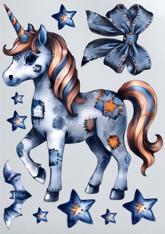 DIY Iron On Patch (DTF) - Denim Unicorn with Small Designs