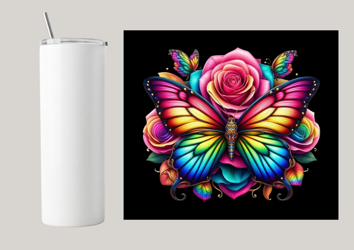 20oz Skinny Tumbler - Bright Butterfly & Flowers T017