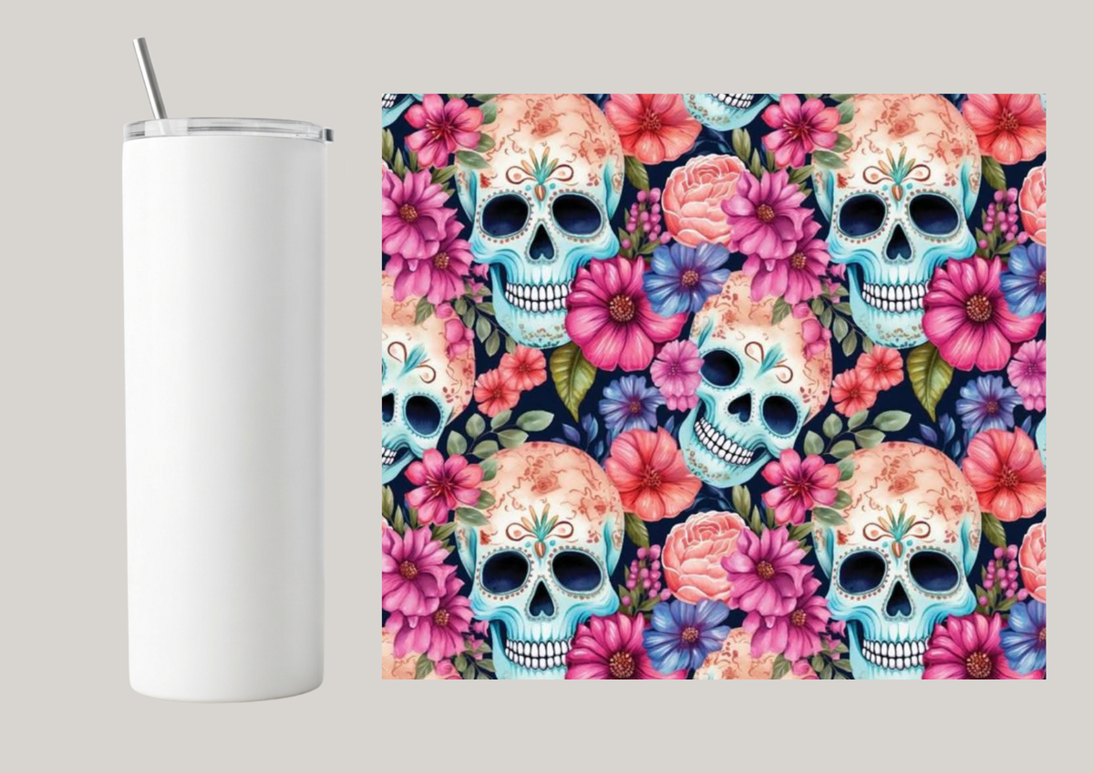 20oz Skinny Tumbler - Flower Skulls T142