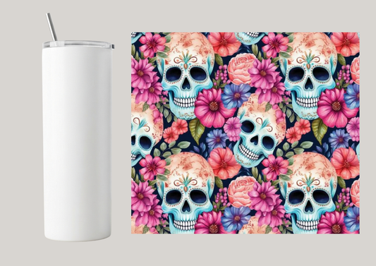 20oz Skinny Tumbler - Flower Skulls T142