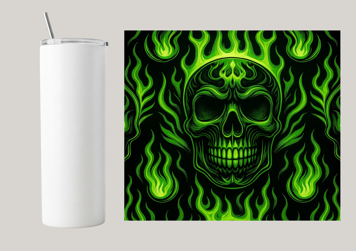 20oz Skinny Tumbler - Fire Skull Green T023