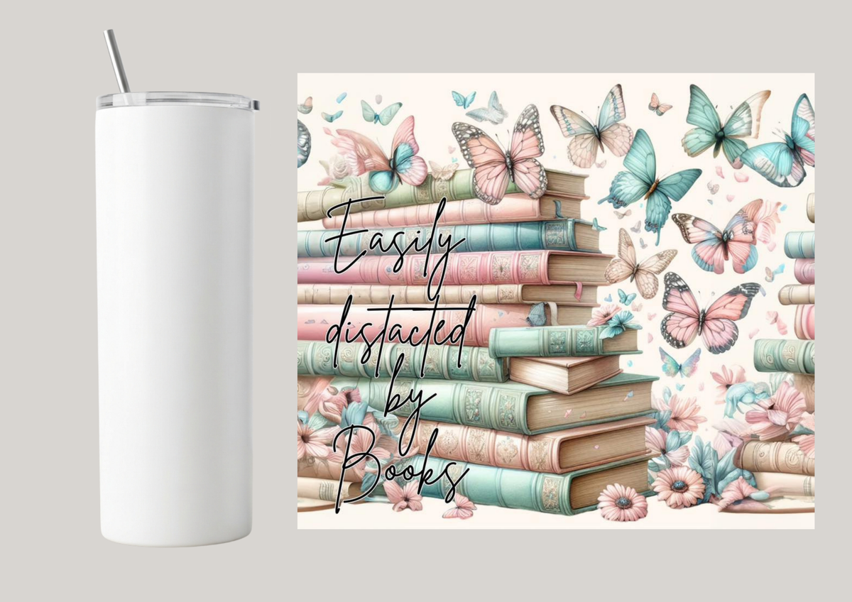 20oz Skinny Tumbler - Easily Distracted By Books T028