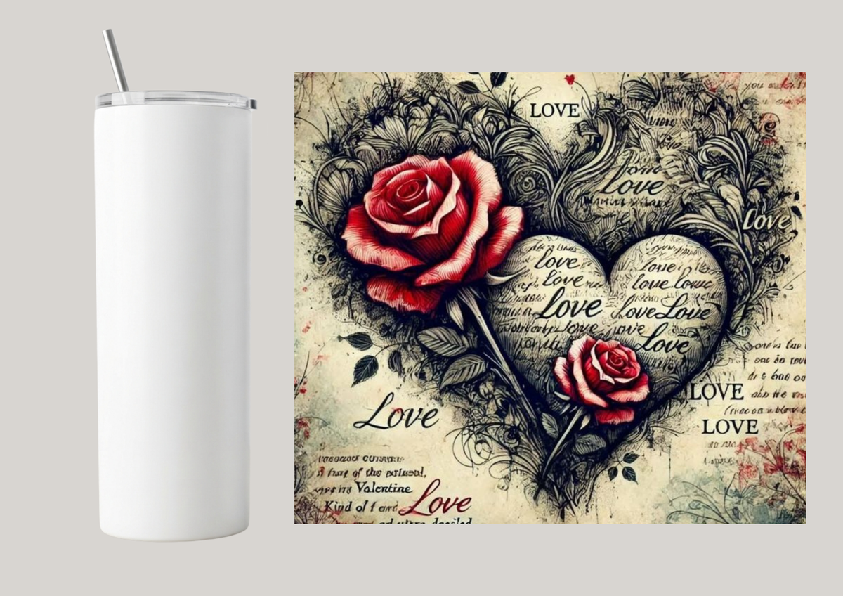 20oz Skinny Tumbler - Vintage Heart with Flowers T057