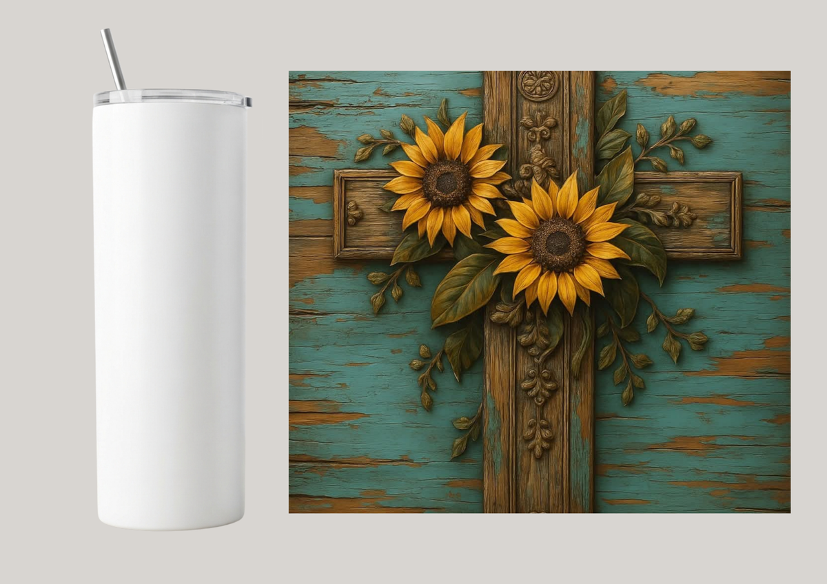 20oz Skinny Tumbler - Sunflowers On Cross T063