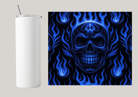 20oz Skinny Tumbler - Fire Skull Blue T092